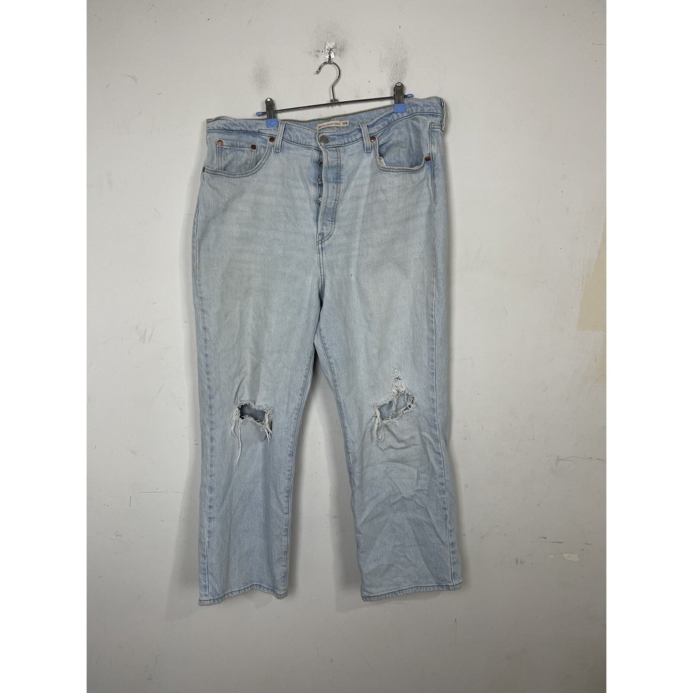 Levis Womens Jeans 16 Blue Ribcage Straight Ankle Denim Button Fly Distressed
